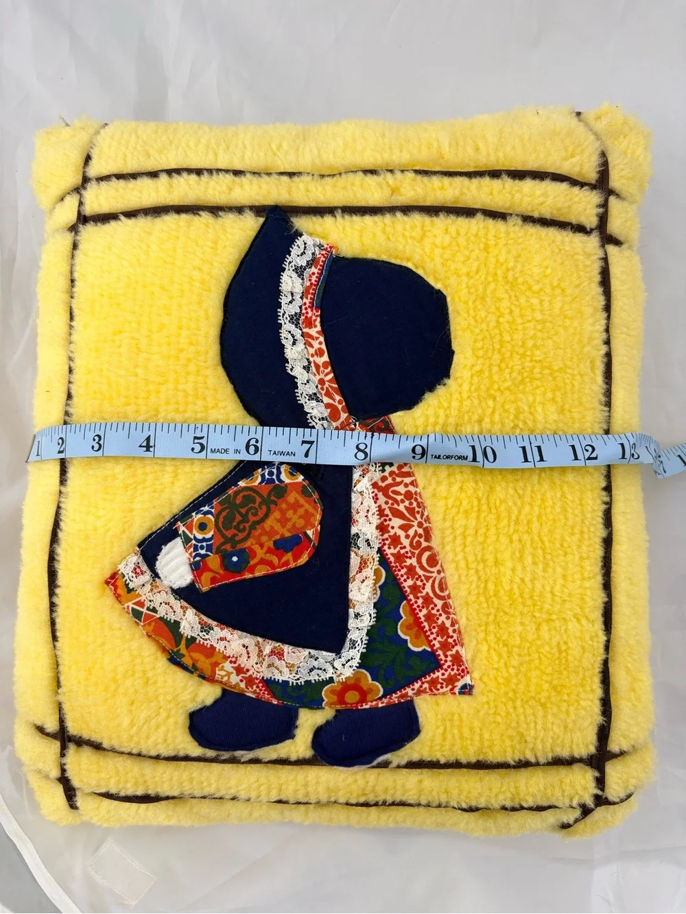 Vintage Handmade Sunbonnet Sue Pillow- 70’s Fuzzy Yellow Fabric with Brown Trim